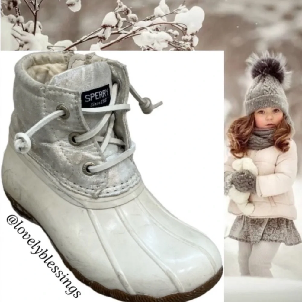 Sperry Saltwater Duck Boots Snow Rain Boots Ivory White Metallic Girls Size 9